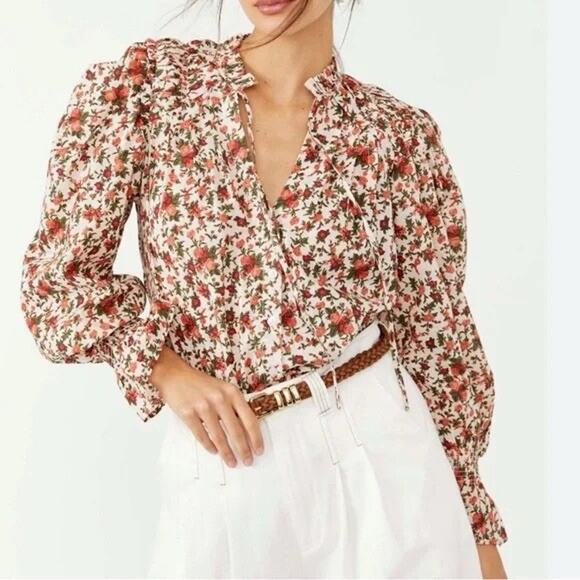 Free People Top Meant To Be Floral Cotton Blouse Long Sleeve Size XS - Picture 2 of 12